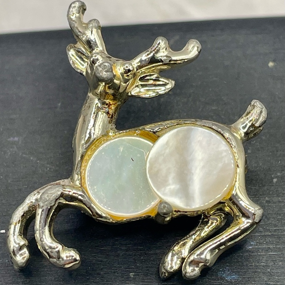 Vintage Silver Tone Reindeer Brooch with Mother of Pearl Accents